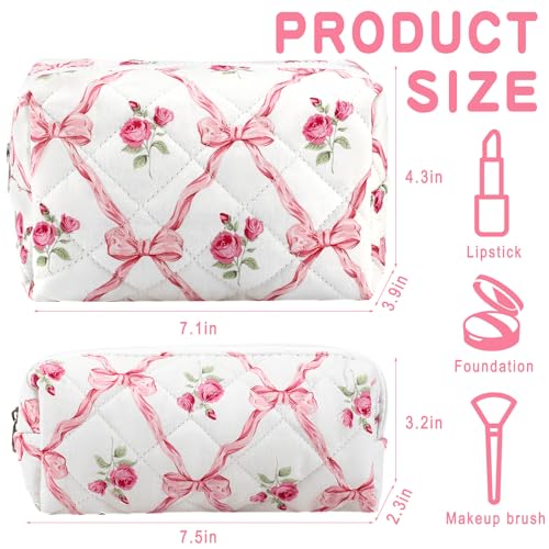 Bow Floral Cotton Quilted Makeup & Pencil Bag Set - Travel Organizer, Cosmetic & Skincare Storage