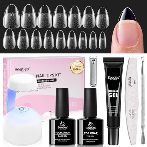 Beetles Gel Nail Kit - Flat-X Almond Short, 320pcs with Glue & Mini Lamp