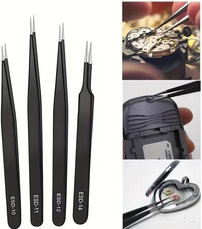 Precision Tweezers Set - 6-Piece Heavy-Duty Fine-Point Tweezers for Electronics Repair & Crafting | Pointed & Curved Tips