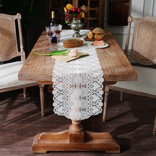 Elegant White Faux Lace Table Runner, 14" x 48" for Weddings & Decor