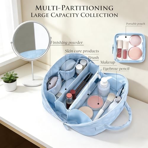MINGRI Blue Quilted Makeup Bag Set - 180° Lay-Flat Design, 7 Compartments