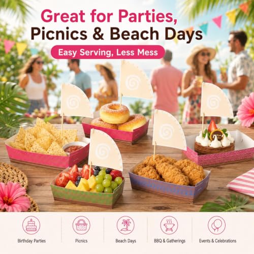 24pcs Hawaiian Party Supplies - Disposable Boat Plates with Bamboo Sticks & Flags