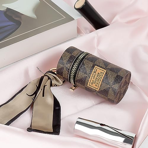 Adorila Brown Vegan Leather Lipstick Keychain with Scarf Charm - Compact Makeup Organizer