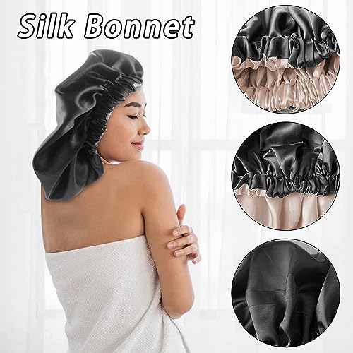 Large Black Satin Silk Bonnet for Sleeping - Hair Protection & Care