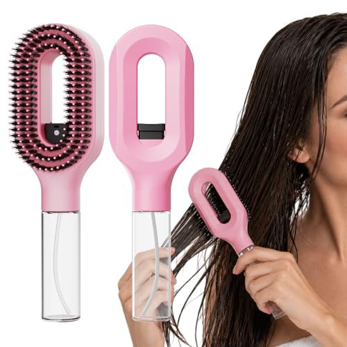 Spray Hair Brush with Fine Continuous Mist for Frizz & Static Control, 2-in-1 Detangling Hair Brush for Dry, Flyaway & Tangled Hair, Wet or Dry Styling Brush for Women, Pink
