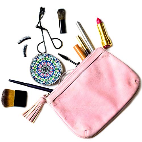 Blue Compact Mirror Set - 6 Handheld Folding Makeup Mirrors with Mandala Design, 2X Magnification