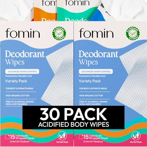 FOMIN pH Balanced Deodorant Wipes - 30 Individually Wrapped Travel Wipes