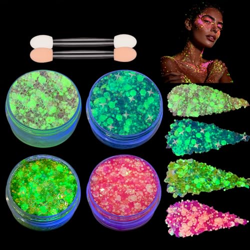 4 PCS Large Content Glow Face Body Glitter Gel, UV Black Light Neon
