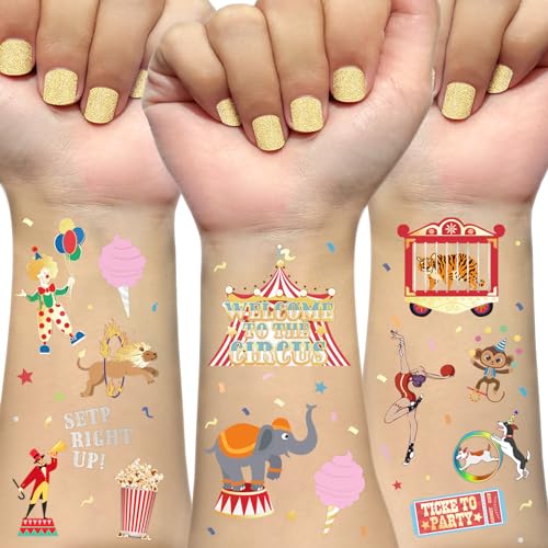 Kids Circus Temporary Tattoos with Glitter - 42 Fun Carnival Designs for Parties