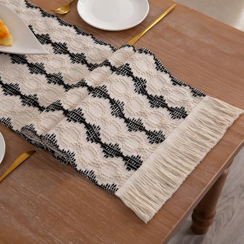 Boho Macrame Table Runner with Tassels - 72" Black & White
