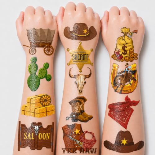 Cowboy Temporary Tattoos for Kids - 60 Pre-Cut Stickers