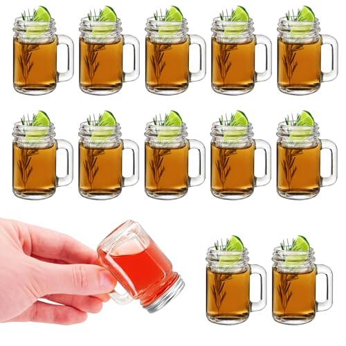 12 Mini Mason Jar Shot Glasses with Handles - 1.7oz, Leakproof Lids