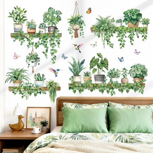 Decalmile Green Pot Plants Wall Decals - Tropical Leaf Stickers