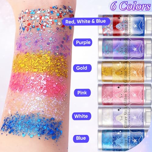 AROIC Body Glitter Stick- 6 Pack Patriotic Red White and Blue Face& Hair Glitter, 4th of July Outfits Rave Accessories, USA Flag Sparkling Face Makeup for Women Independence Day Festival Concert Party