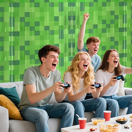 Green Pixel Miner Foil Fringe Curtains - 2 Pack, 3.3x6.6ft for Gamer Party