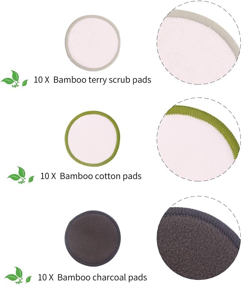 Reusable Makeup Remover Pads - Eco-Friendly Bamboo Cotton Rounds for All Skin Types | 30 Pack with Storage Bag