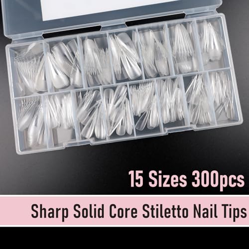 Wellquinn Stiletto Gel Nail Tips - 300pcs Pre-Etched Sharp Solid Press-On, Long-lasting & Easy Application