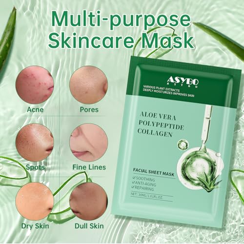ASYBO Collagen & Aloe Vera Facial Sheet Mask - 20 Pack Anti-Aging Skincare
