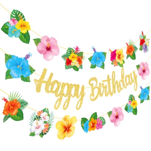 3-Piece Tropical Hibiscus Birthday Banner Set with Glitter