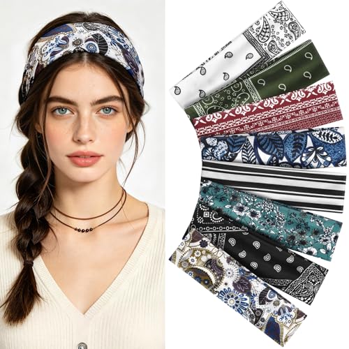 Yunaking 8pcs Boho Headbands Set for Women - Trendy Floral Tribal Style, Soft & Non-Slip, Perfect for Yoga, Summer & Gifts