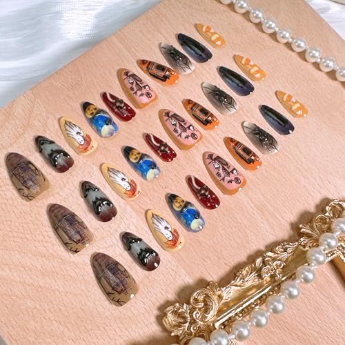 30Pcs Halloween Press On Almond Nails with 3D Spider & Bat Designs