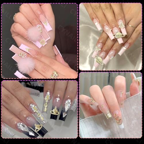 Cynailli 110 Pcs Gold Nail Charms & Gems Set - S1 Color Dangle Star Heart Bow Jewelry Accessories