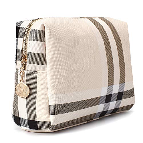 Jessyline Large Vegan Leather Makeup Bag - Travel Cosmetic Pouch (Beige)