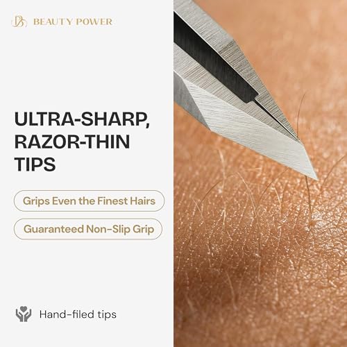 Beauty Power Professional Tweezers Set ? Slant & Point, Ultra Precision German Stainless Steel Tweezers for Eyebrows, Chin, Ingrown Hair & Facial Grooming ? Lightweight with Case - Gift Idea - Gray