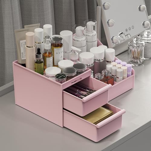 DancesCat Pink 2-Drawer Makeup Organizer, 7-Compartment Vanity Storage