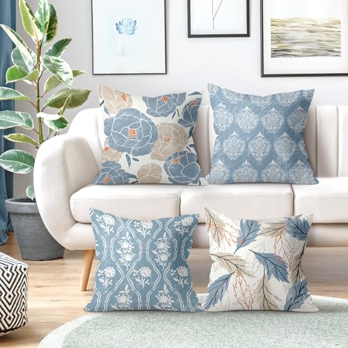 Vintage Blue Floral Throw Pillow Cushion Covers - Set of 4, 18x18