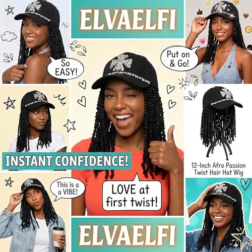 ELVAELFI Passion Twist Crochet Hair Cap Wig - 12-Inch Afro Style with Rhinestone Cross Design