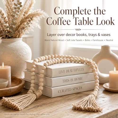58-Inch Farmhouse Wood Bead Garland with Jute Tassels