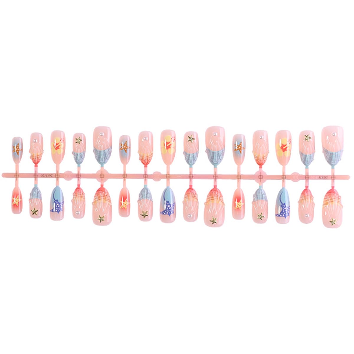 Ocean Press on Nails Medium Almond - Colorful Summer Fake Nails with 3D Seashell, Starfish & Manta Ray Designs, Cute Beach Glue on Nails for Women Manicure 15 Sizes - 30 Pcs