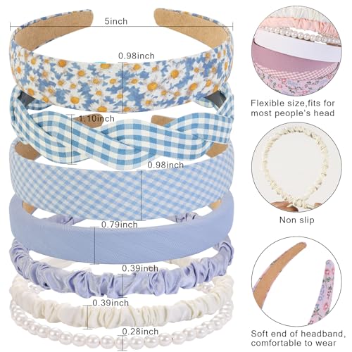 Eleilians 7 Pcs Women's Girls Headbands Blue Multi-Style Non-Slip Pearl Floral Vintage Wide