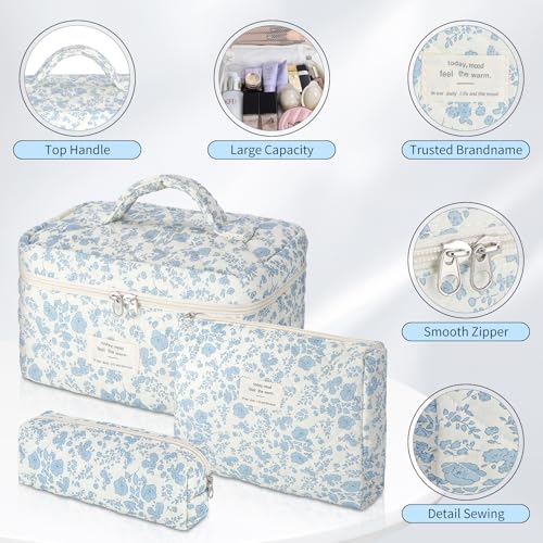 senbowe Blue-White Floral Makeup Bag Set - 3 Pack Cotton Organizer