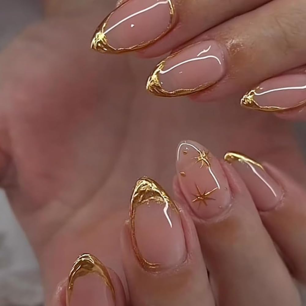 Nude Cat Eye Press-On Nails - Short Almond Shape with Gold French Tips | Reusable Soft Gel Set for Women