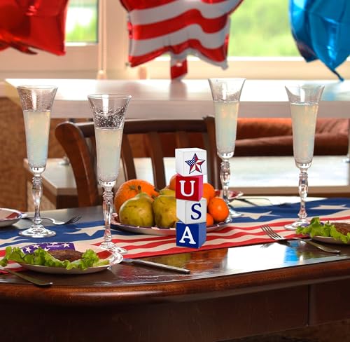 Patriotic USA Wooden Block Set - 4PCS Rustic 4th of July Decor