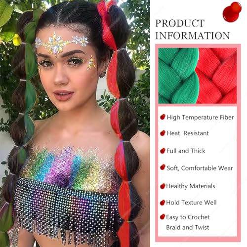 BASEMMAHER Red Green Ombre Jumbo Braiding Hair Extensions Small 24 Inch Synthetic Fiber