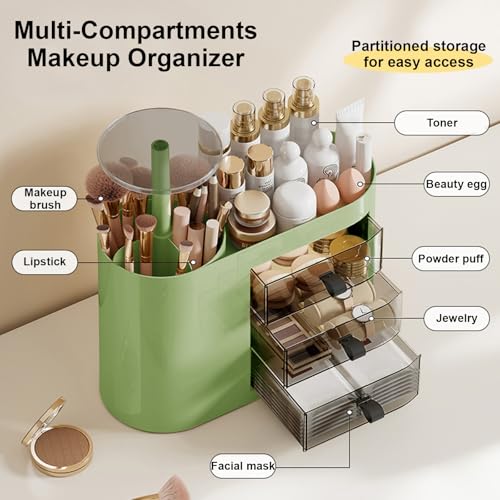 DASITON Makeup Organizer with 3 Drawers & Automatic Pop-Up Brush Holder