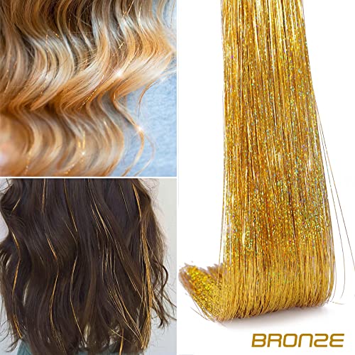 Clip-In Hair Tinsel Extensions Bronze Highlights 20.5in 6pcs - Synthetic Fairy Hair for Party & Cosplay