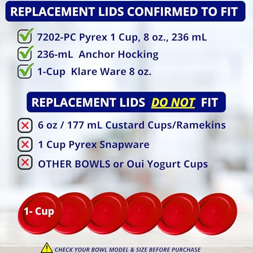 KlareWare 1 Cup Replacement Lids - BPA-Free Red 6-Pack for Pyrex 7202 & Anchor Hocking