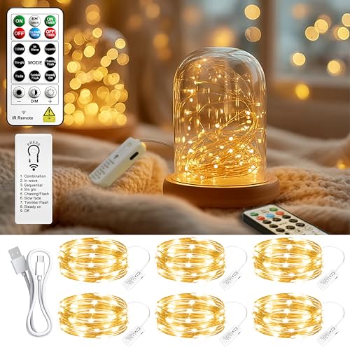 Rechargeable Fairy Lights 6 Pack | 7ft 20LED String Lights with Remote & Timer - Warm White