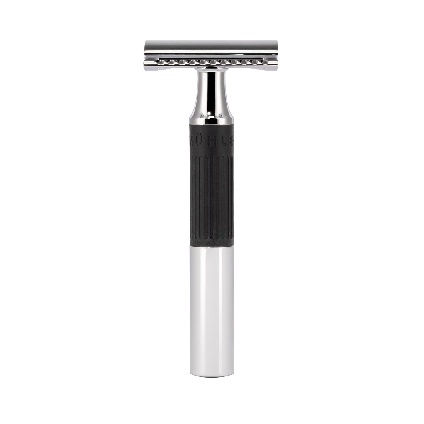 MÜHLE NEO safety razor|double edge safety razor for beginners and experienced shavers|sustainable eco-friendly and reusable|for men and women|chrome with black silicone grip handle