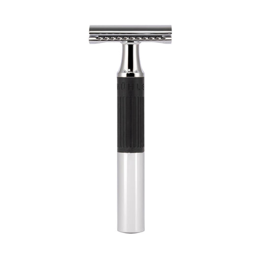 MÜHLE NEO safety razor|double edge safety razor for beginners and experienced shavers|sustainable eco-friendly and reusable|for men and women|chrome with black silicone grip handle