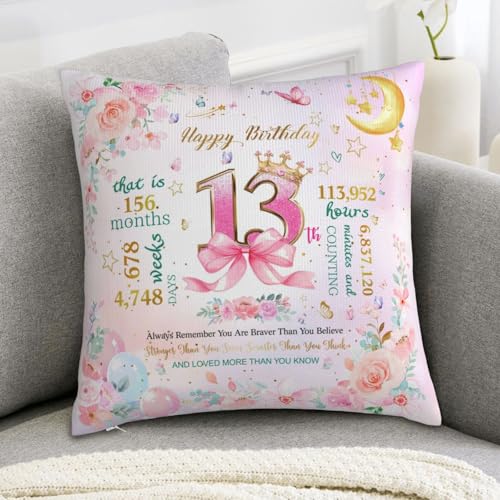 13th Birthday Pillow Cover for Girls - Cute Pink Design, 18x18