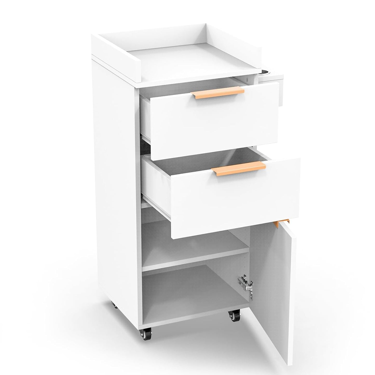 OmySalon Salon Trolley with Wheels - Portable Hair Stylist Cart with 2 Drawers & Storage Cabinet | White