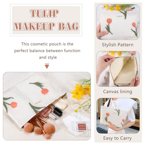 AF Tulip White Makeup Bag for Women Small Floral Cosmetic Pouch Travel Organizer