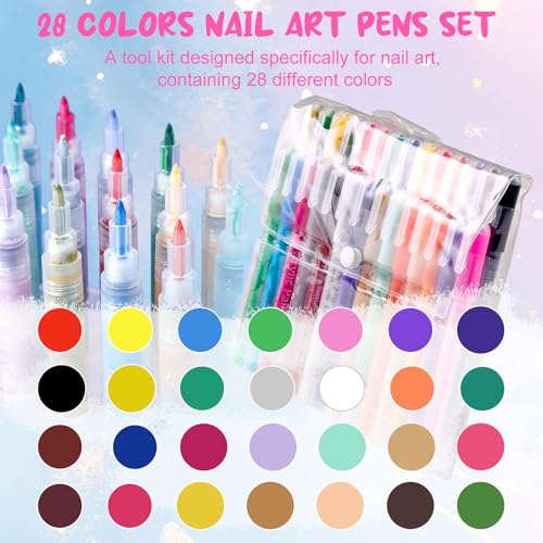 MKNZOME 28-Color Nail Art Pen Set, 0.7mm Fine Tip Acrylic Liner Pens