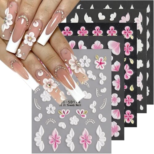 5D Embossed Flower Nail Stickers - Pink & White Floral Decals