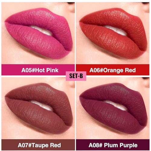 Anwuozu 4Pcs Pink & Red Lipstick Set - Matte, Hydrating, Velvety Finish, Easy Application, Model A02